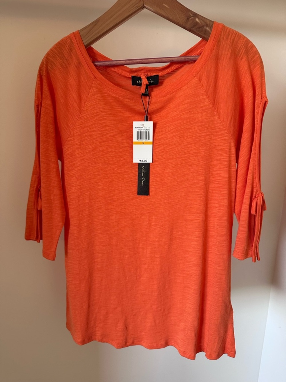 NWT Melissa Paige Orange Feather 3/4‎ Sleeve Tie Detail Top
